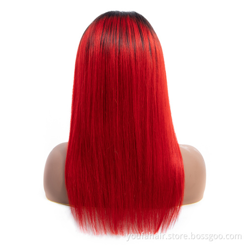 Wholesale 100% Indian Human Virgin Remy Hair 180 Density 4x4 HD Lace Closure Wig Ombre Color 1b/red Transparent Lace Frontal Wig